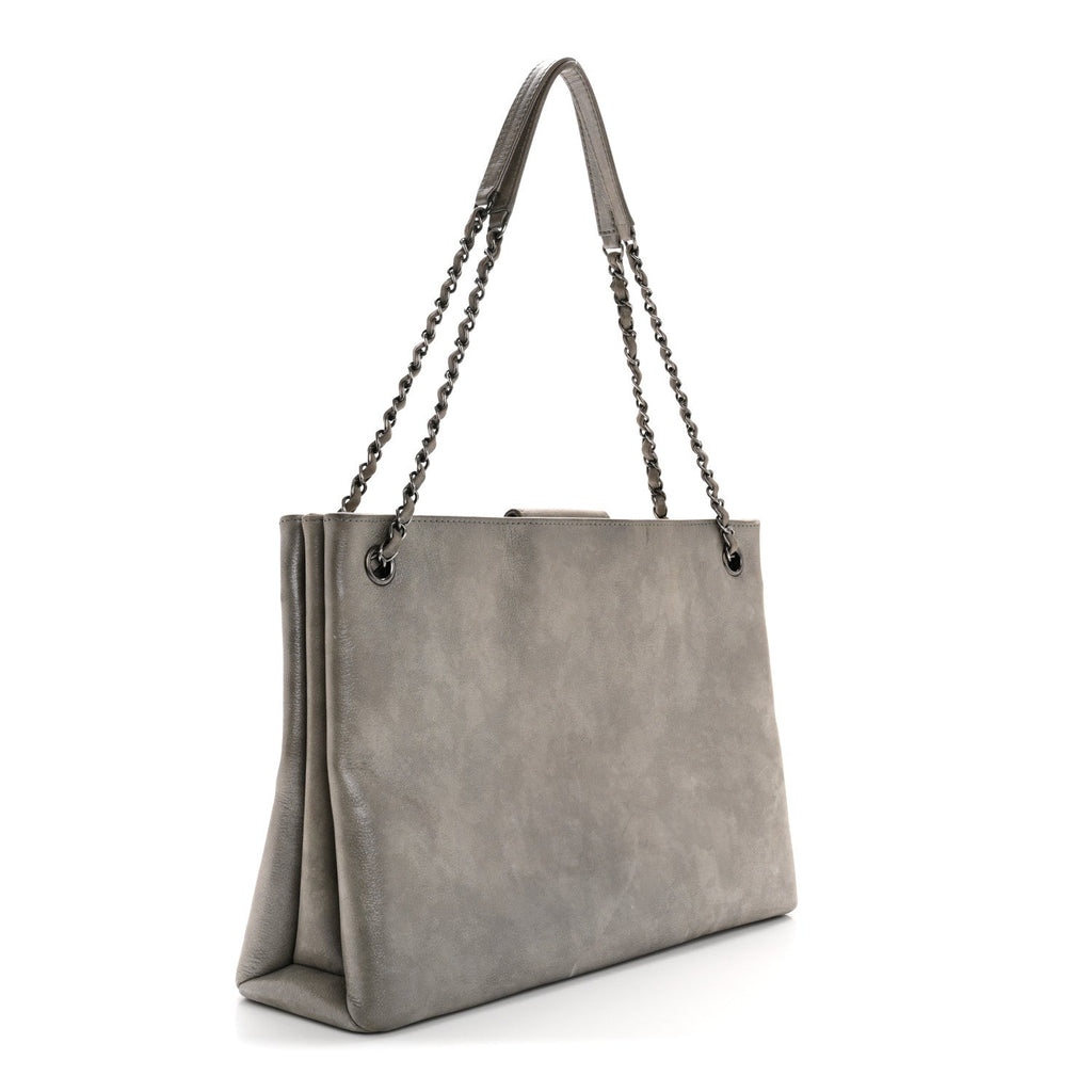 Iridescent Calfskin CC East West Shopping Tote Light Grey