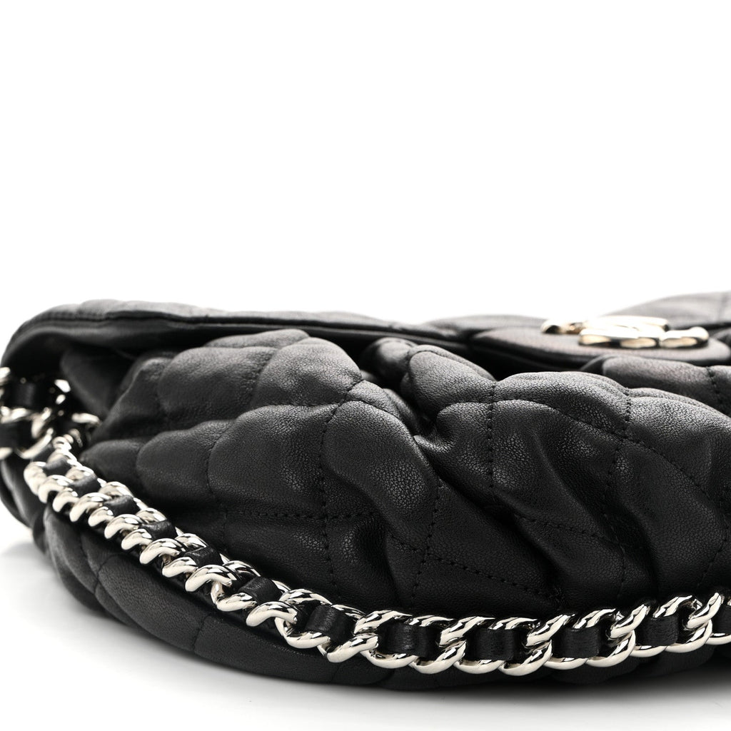 Washed Lambskin Quilted Medium Chain Around Messenger Black
