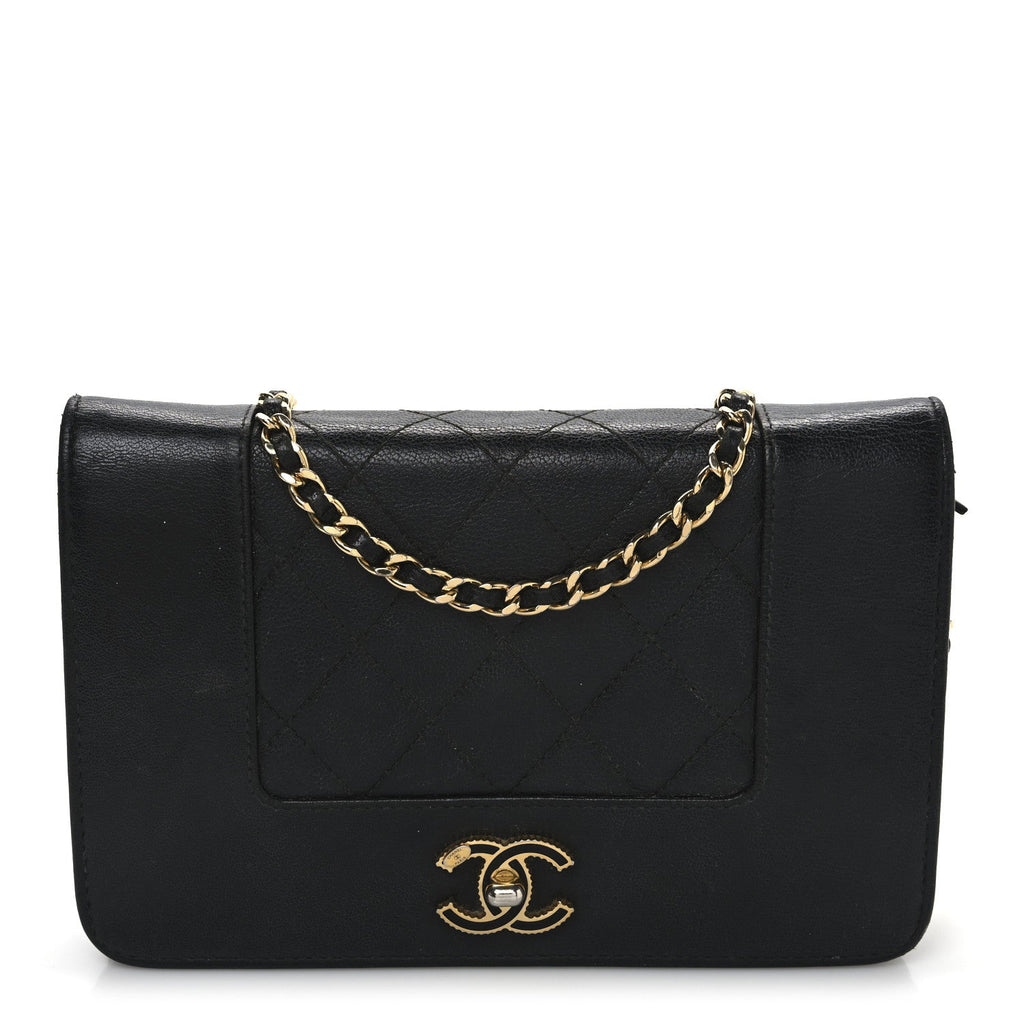 Sheepskin Quilted Mini Vintage Mademoiselle Wallet On Chain WOC Black