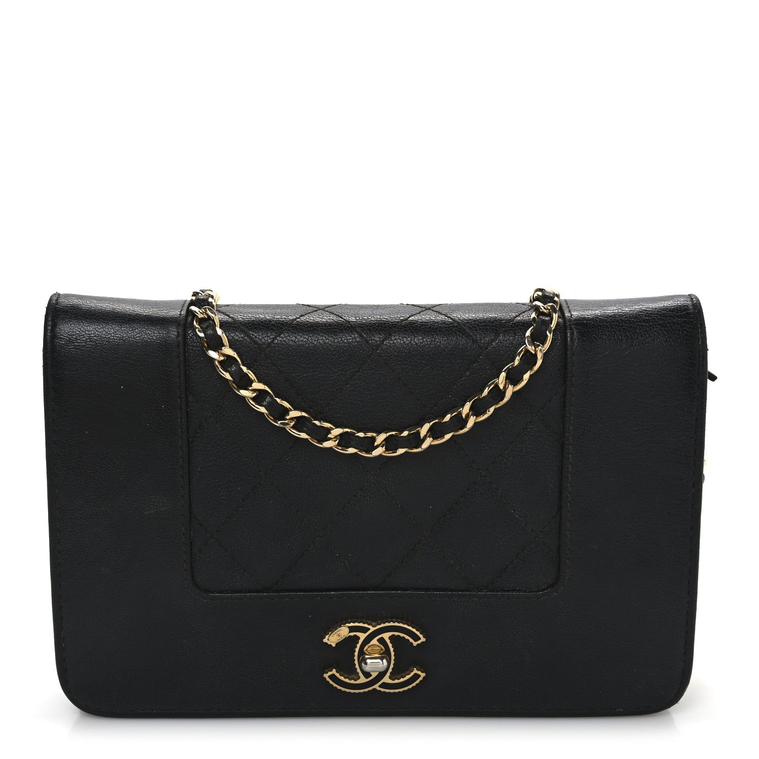 Sheepskin Quilted Mini Vintage Mademoiselle Wallet On Chain WOC Black