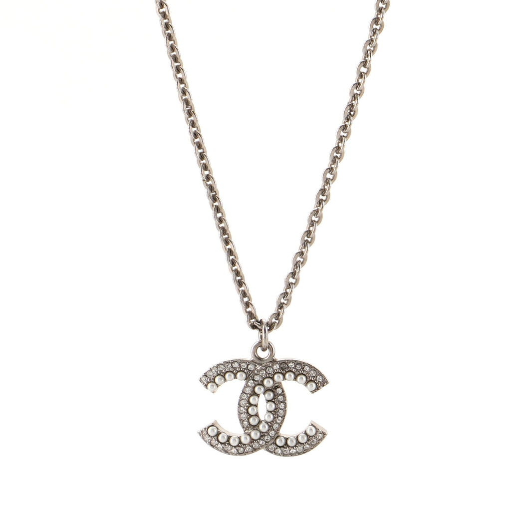 CC Pendant Long Necklace Metal with Faux Pearls and Crystals