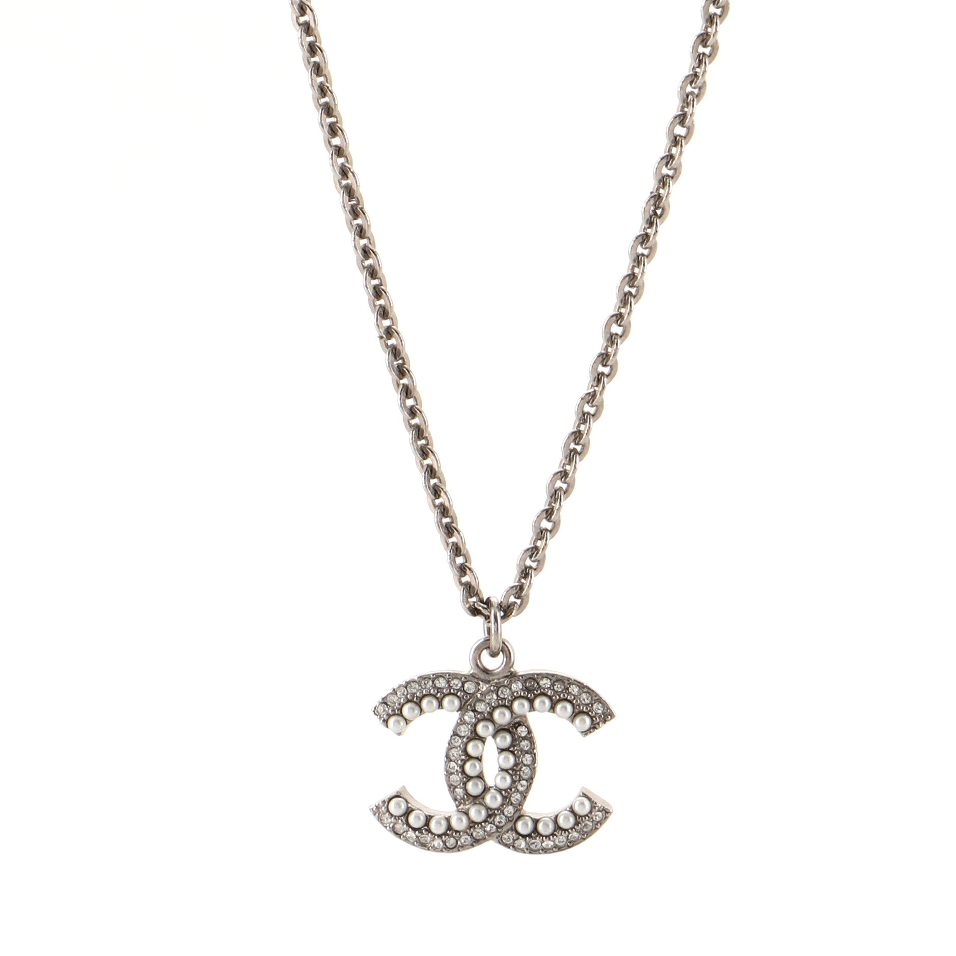 CC Pendant Long Necklace Metal with Faux Pearls and Crystals