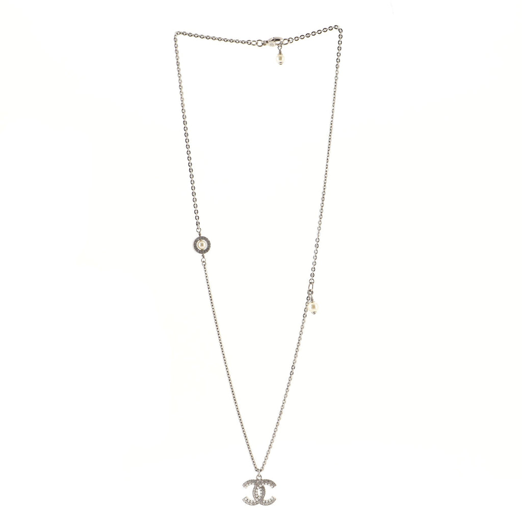 CC Pendant Long Necklace Metal with Faux Pearls and Crystals