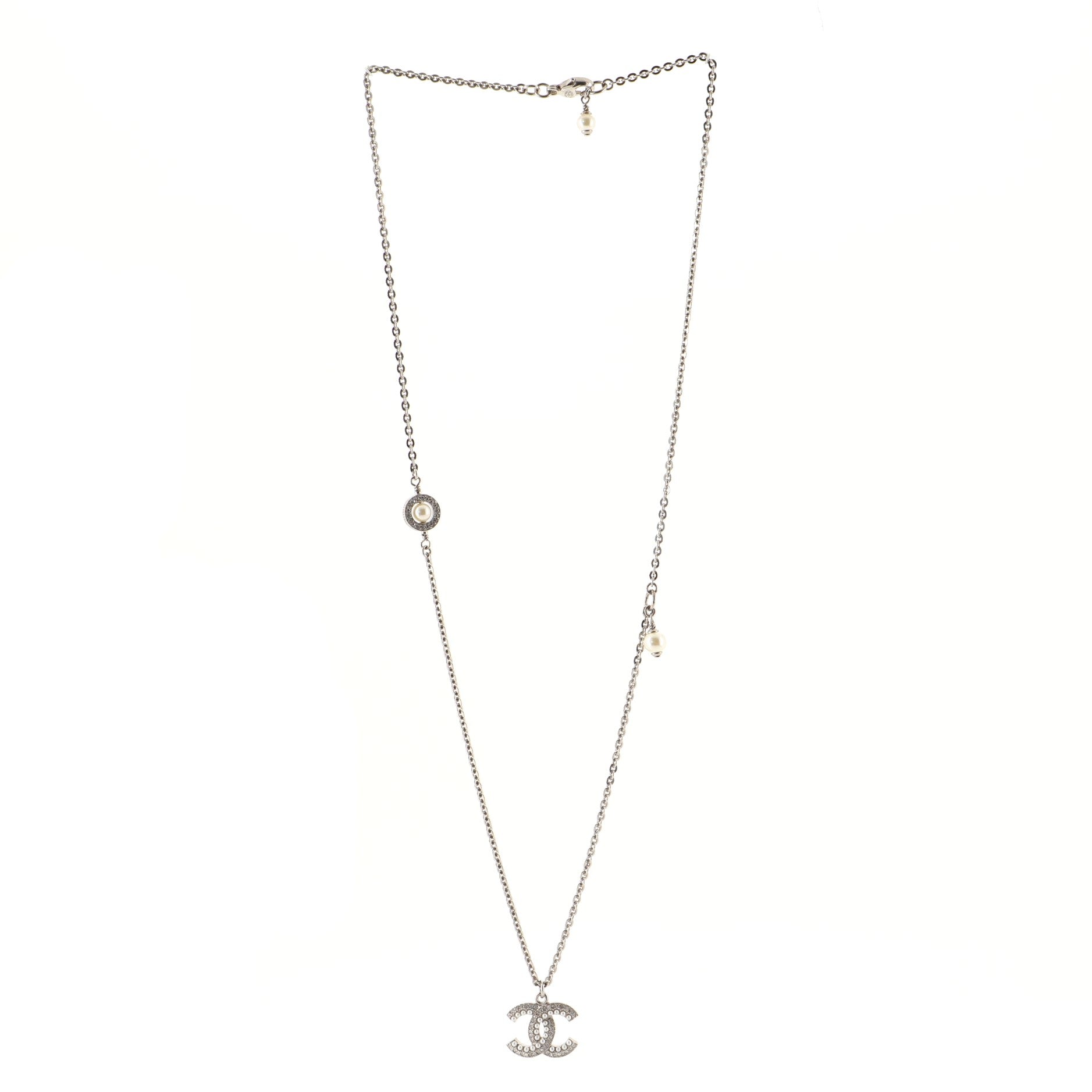 CC Pendant Long Necklace Metal with Faux Pearls and Crystals