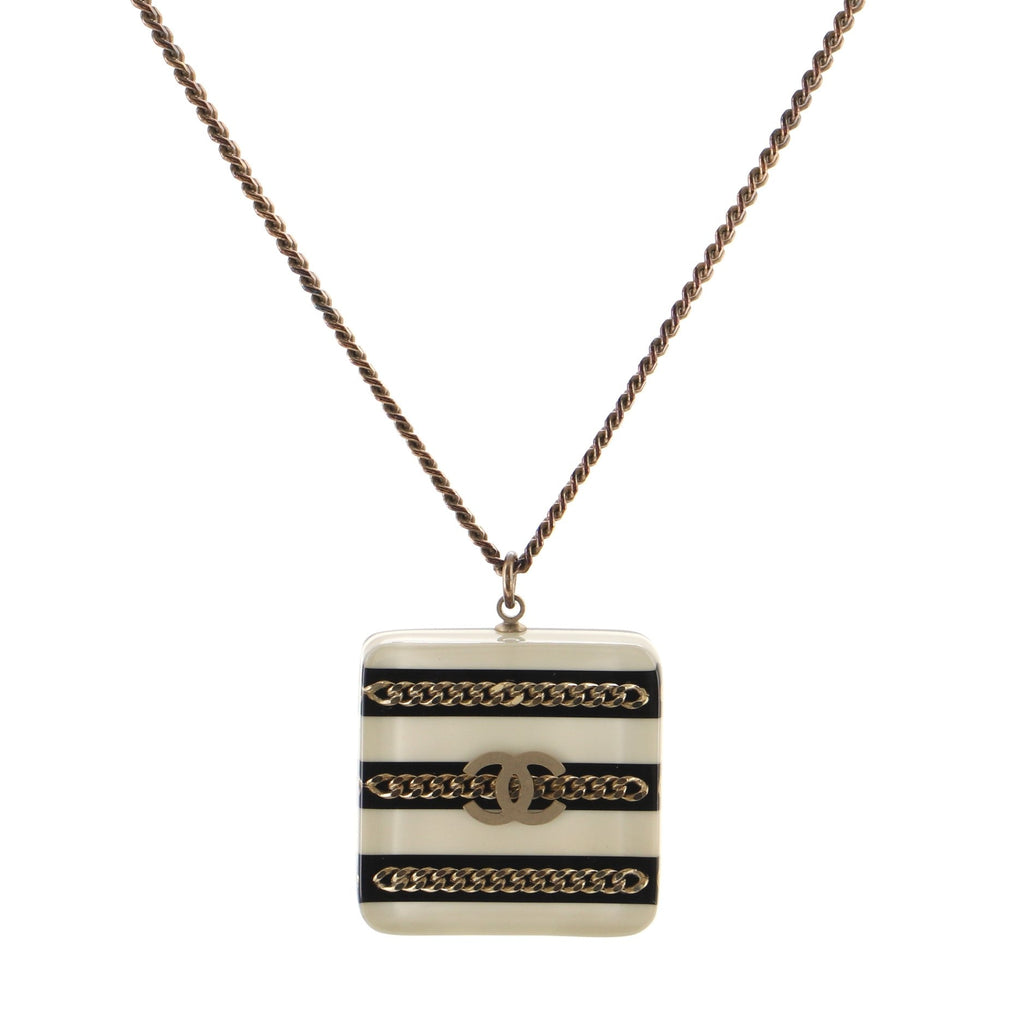 CC Square Pendant Necklace Metal and Striped Resin