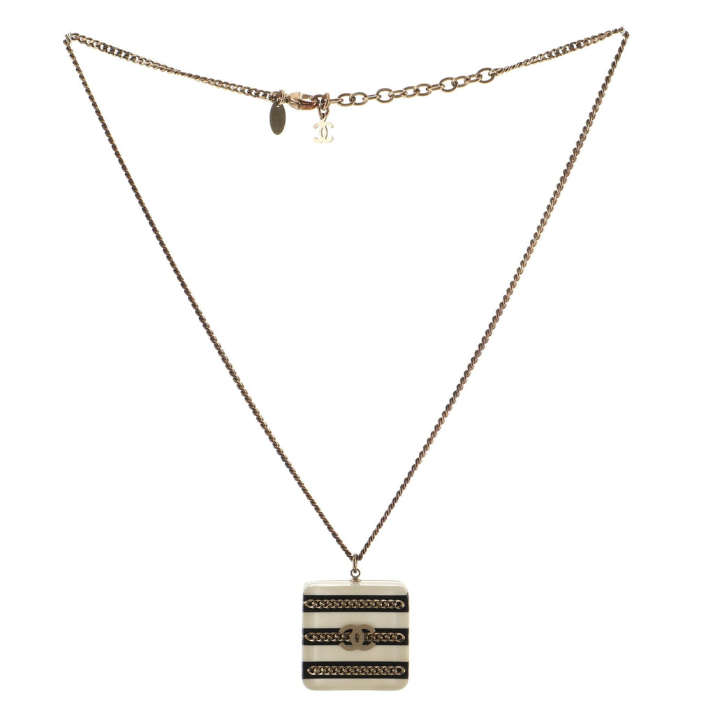 CC Square Pendant Necklace Metal and Striped Resin