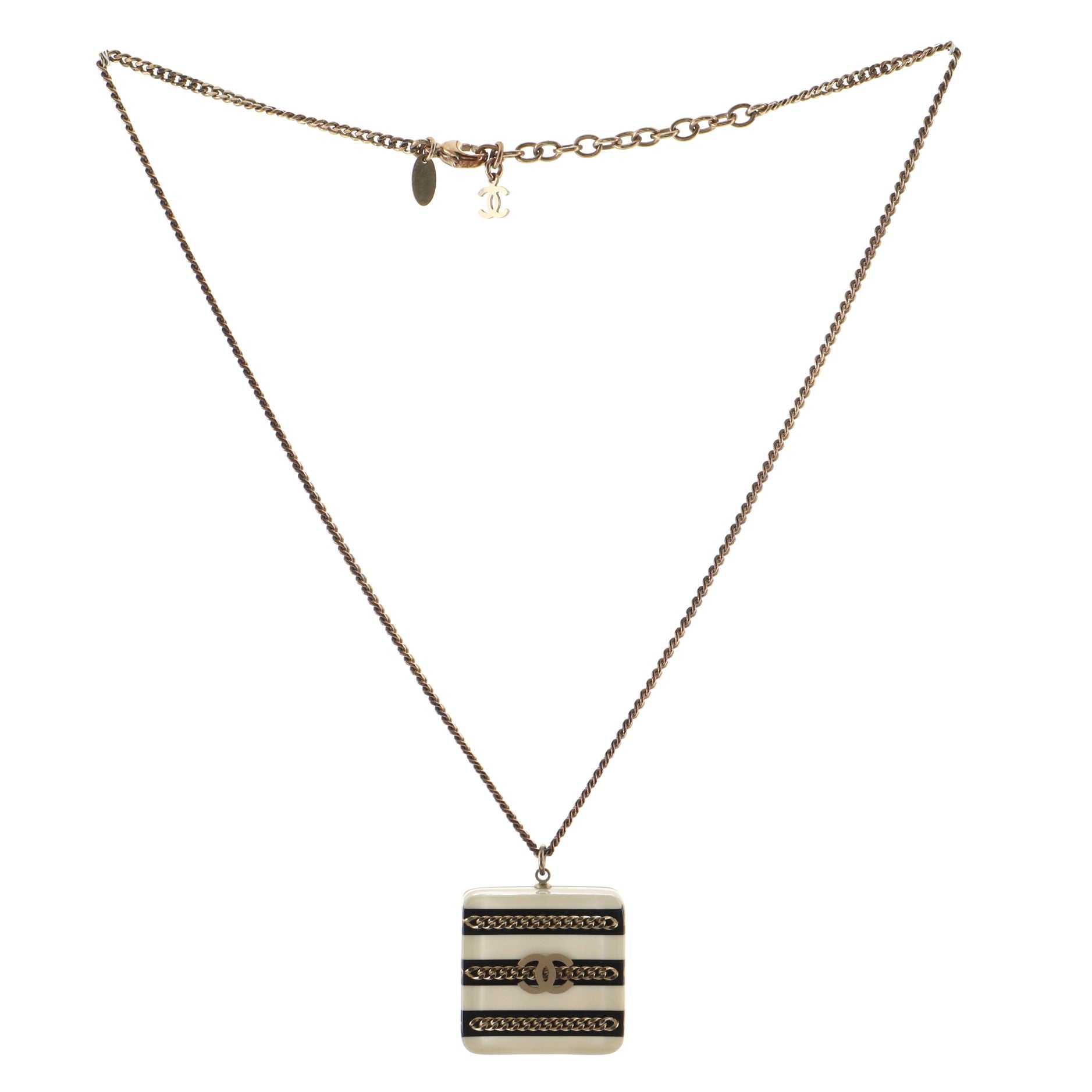 CC Square Pendant Necklace Metal and Striped Resin