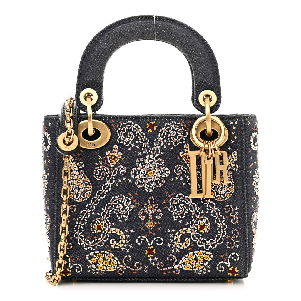 Denim Embroidered Beaded Mini Lady Dior Blue Multicolor