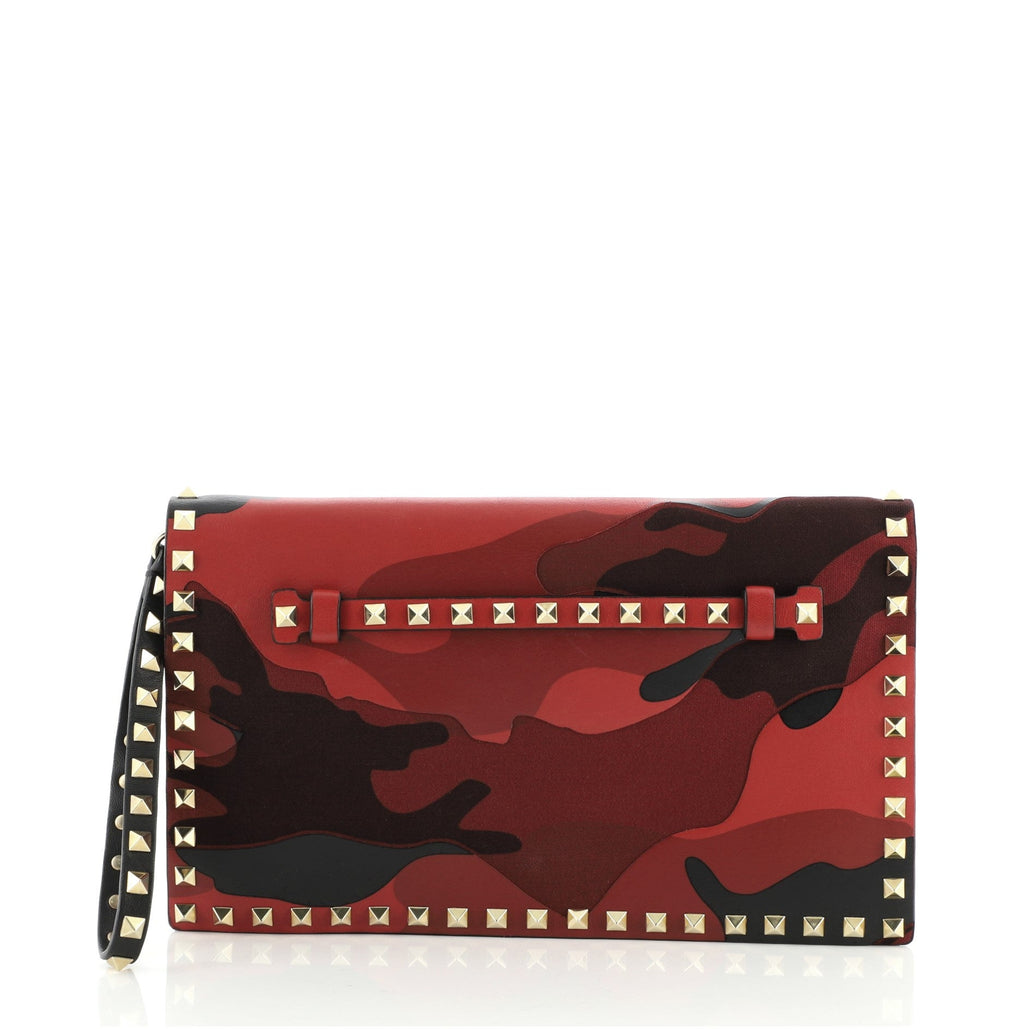 Rockstud Flap Clutch Camo Leather and Canvas