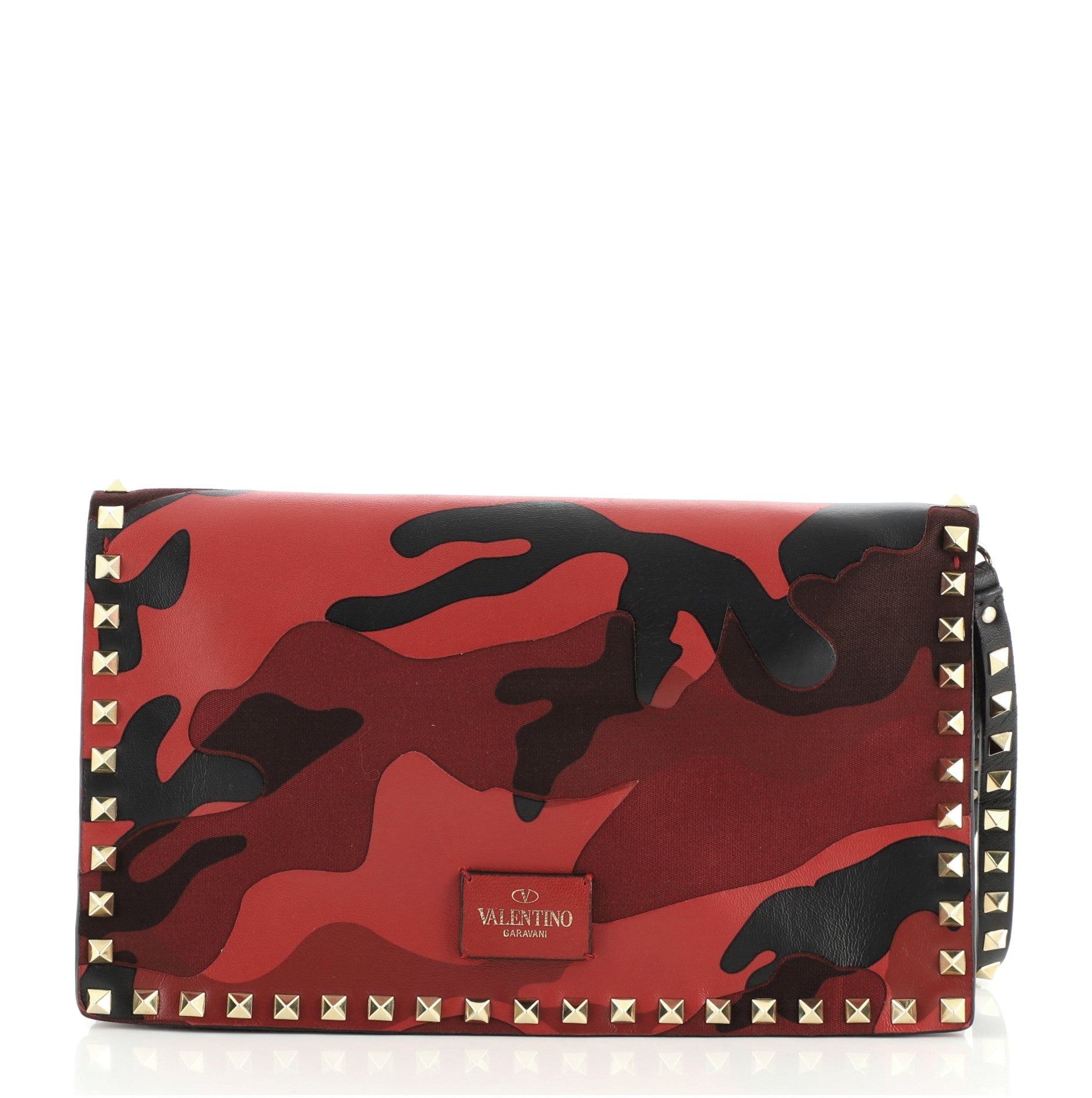 Rockstud Flap Clutch Camo Leather and Canvas