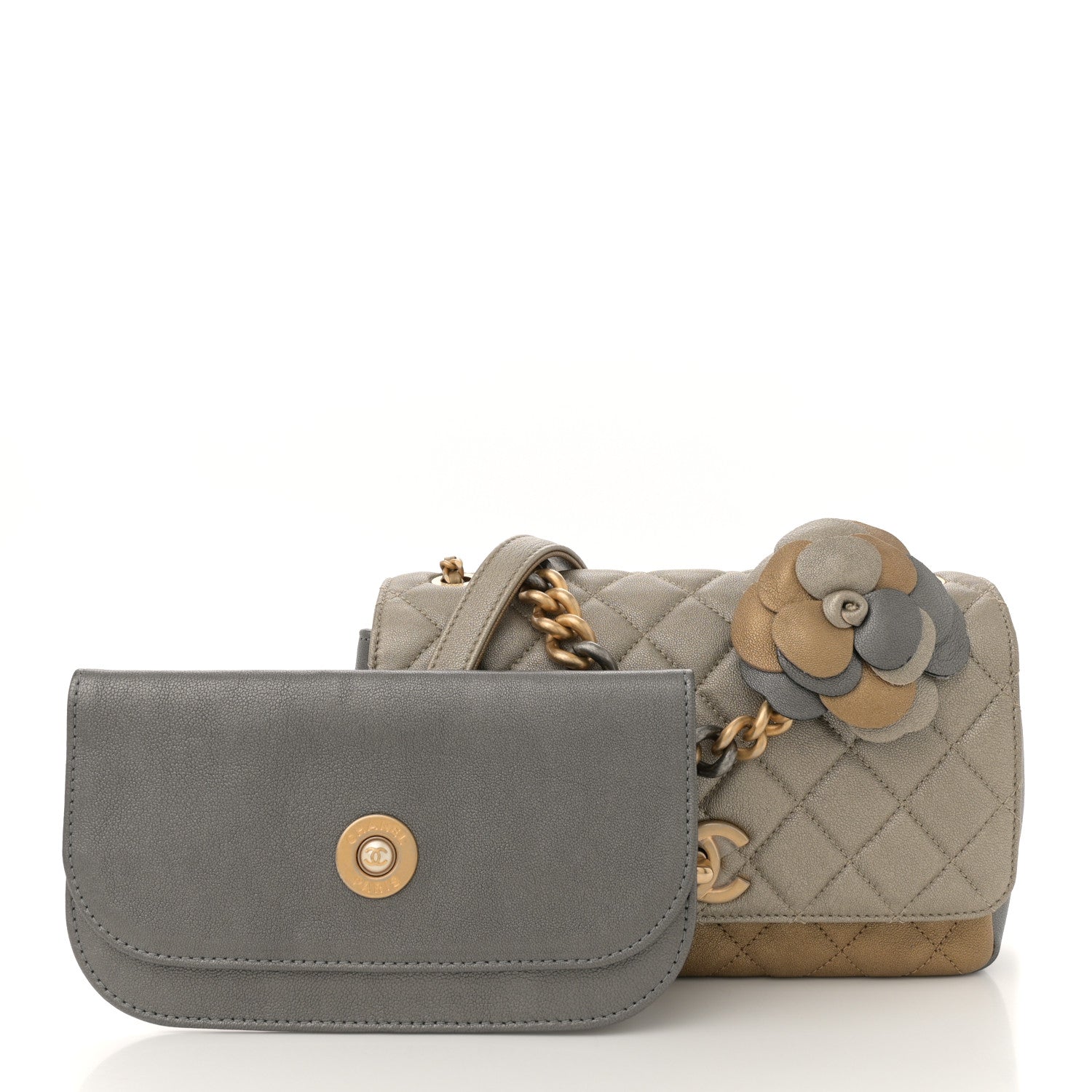 Metallic Lambskin Quilted Camellia Flower Flap Pale Gold Silver Dark Gold