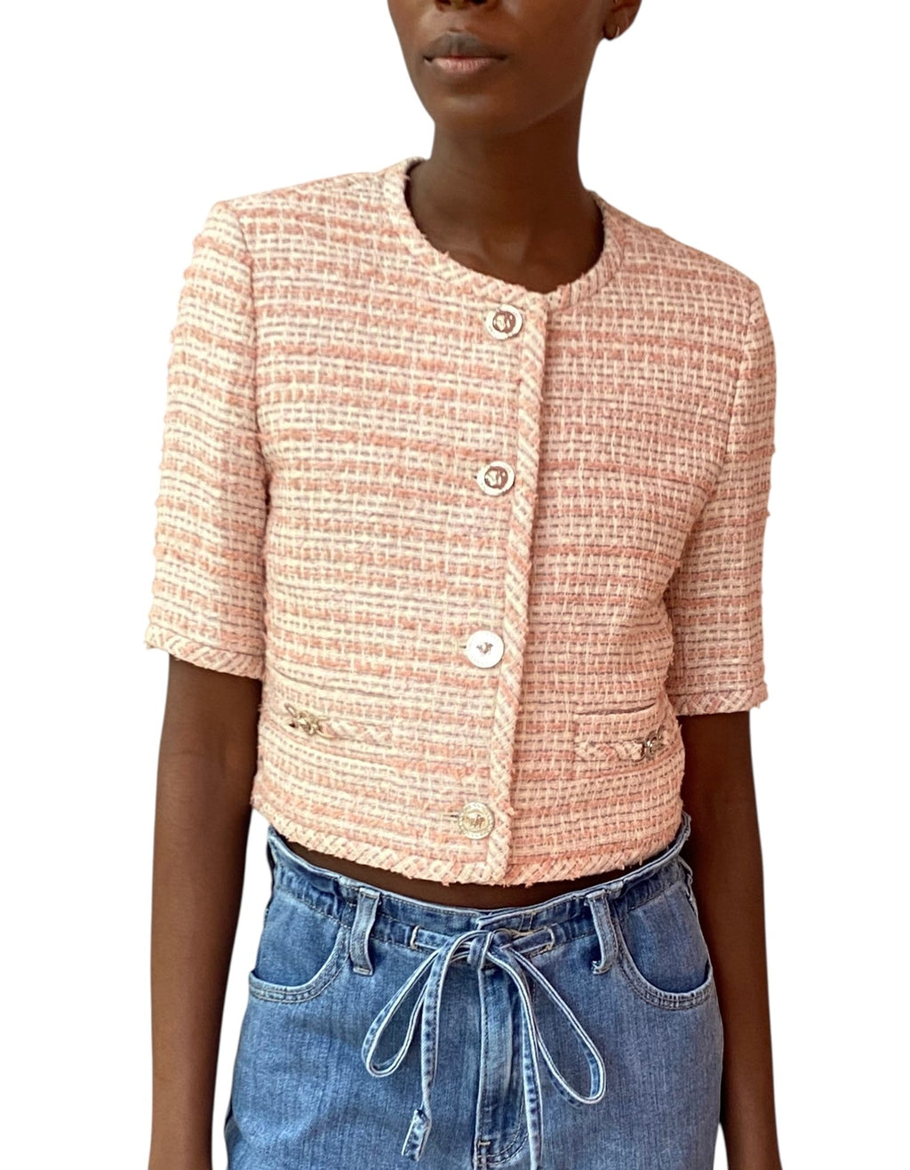 Versace Pink Cropped Tweed Jacket - 40