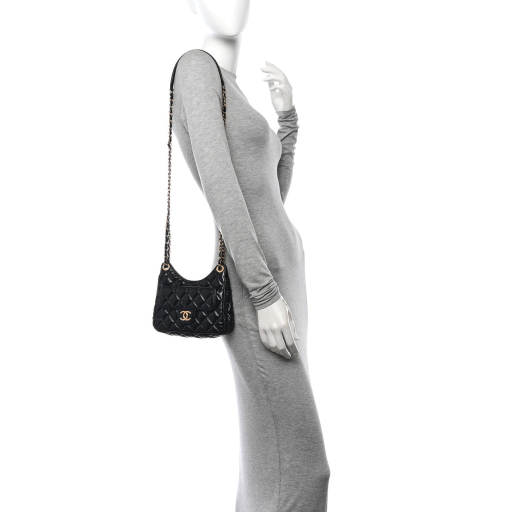 Shiny Crumpled Calfskin Quilted Small Wavy CC Hobo Black