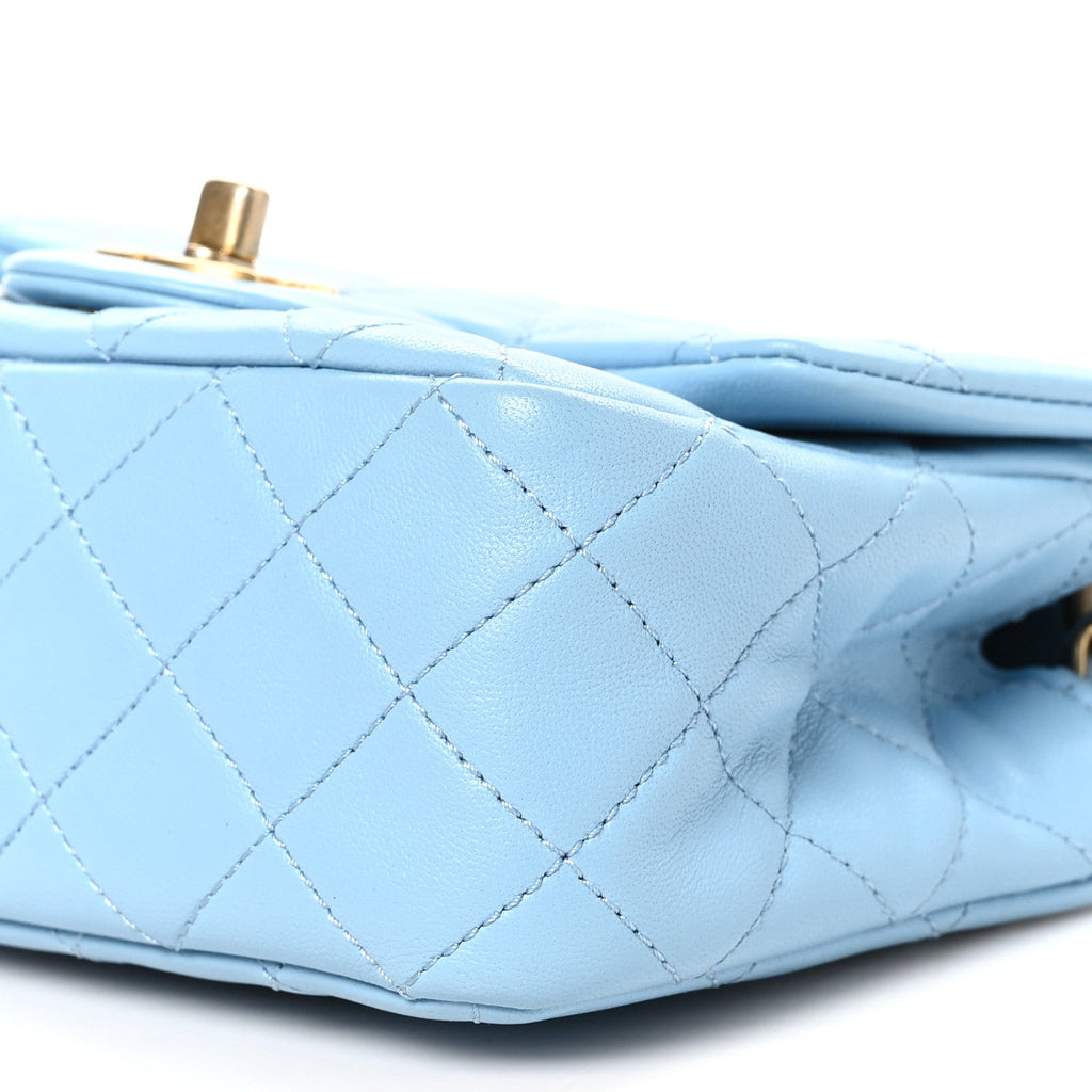 Lambskin Quilted Mini Pearl Crush Flap Light Blue