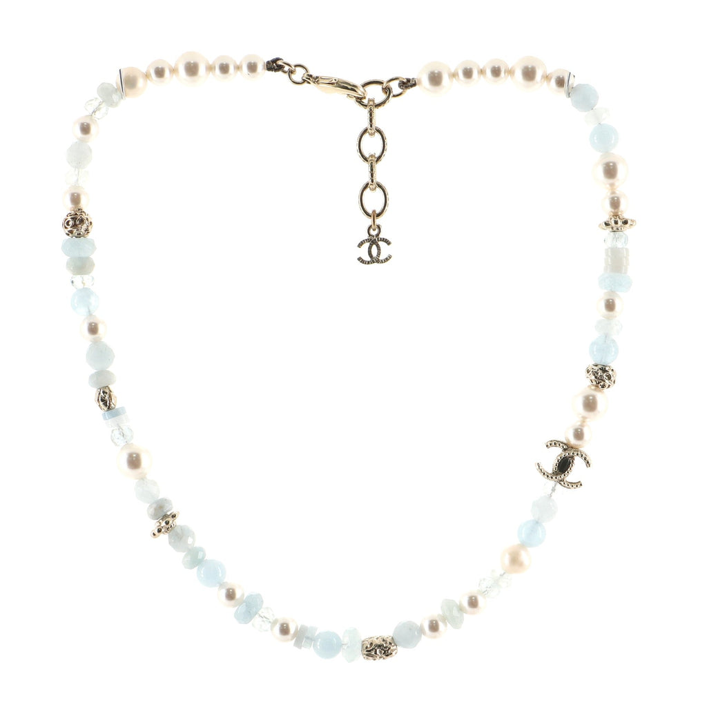 Long CC Necklace Faux Pearl with Bead and Crystal Embellished Metal