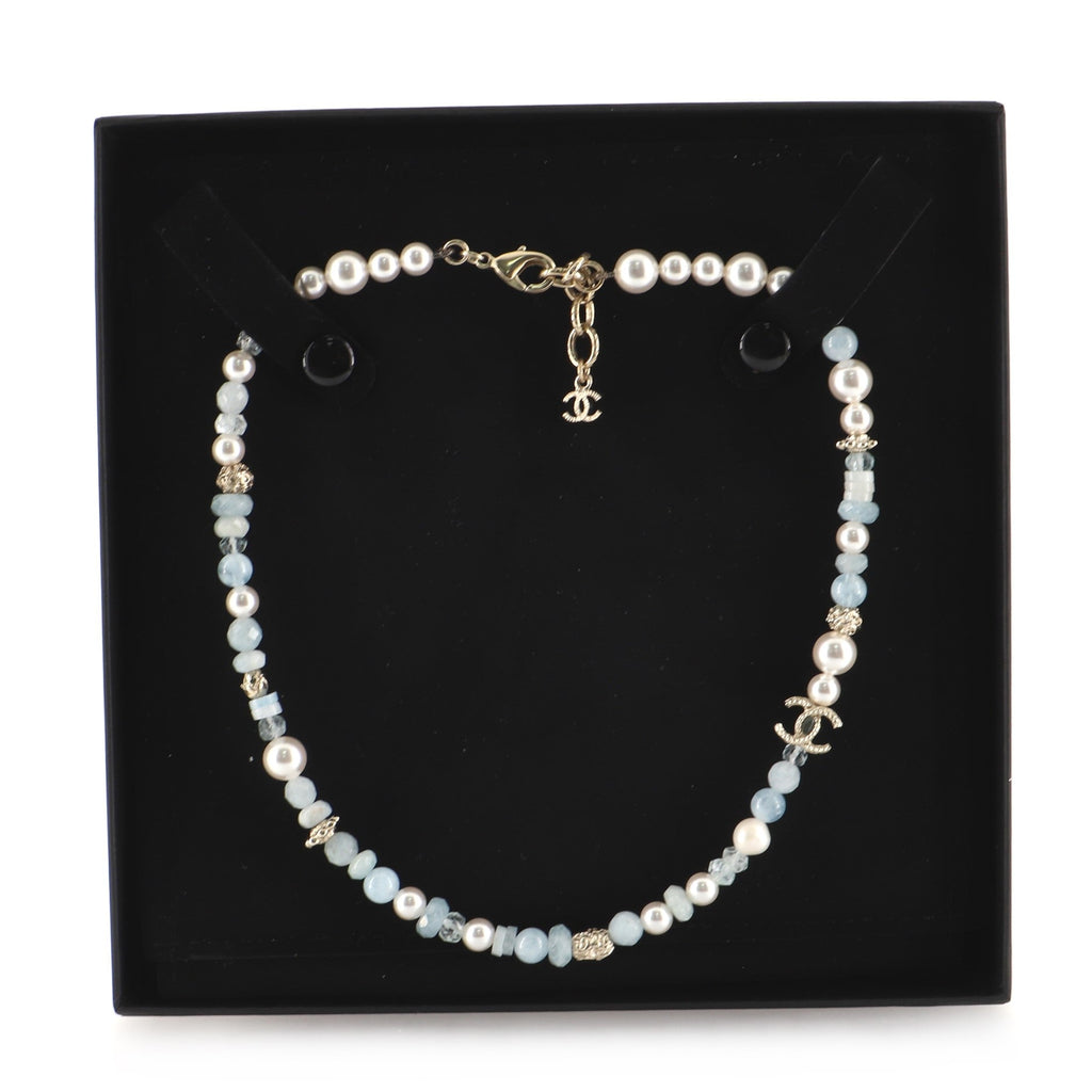 Long CC Necklace Faux Pearl with Bead and Crystal Embellished Metal