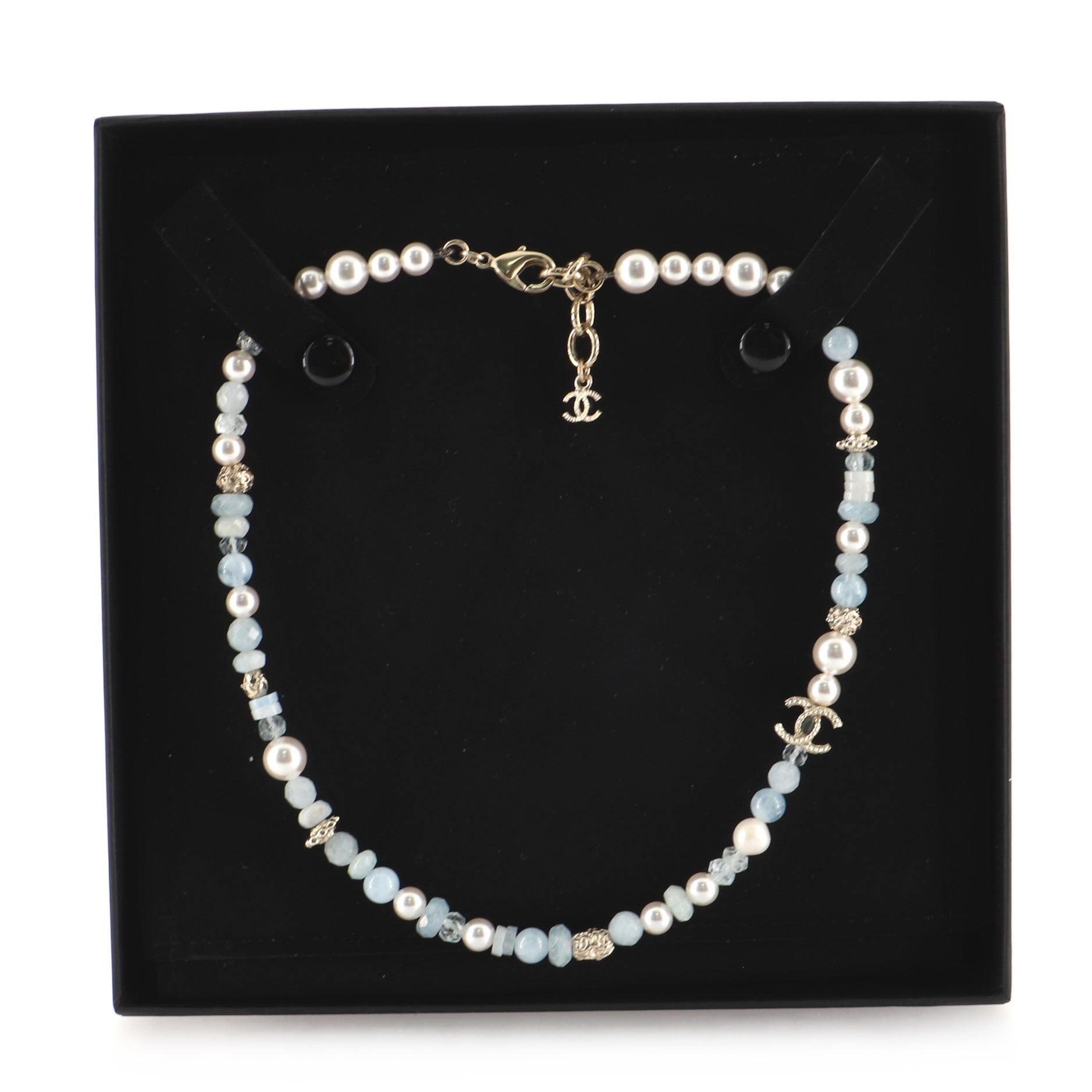 Long CC Necklace Faux Pearl with Bead and Crystal Embellished Metal