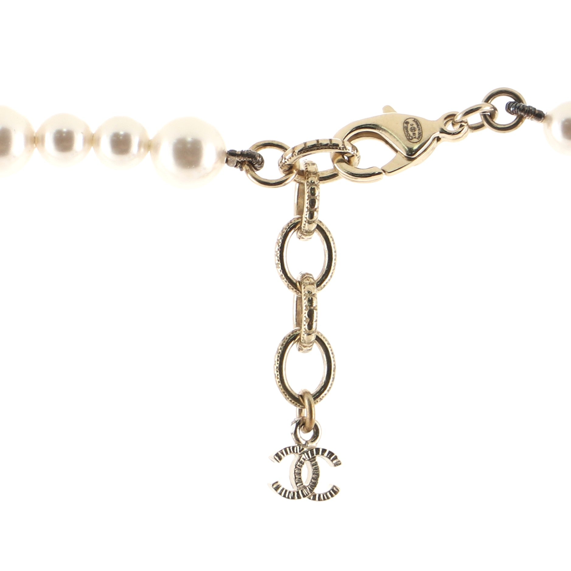 Long CC Necklace Faux Pearl with Bead and Crystal Embellished Metal