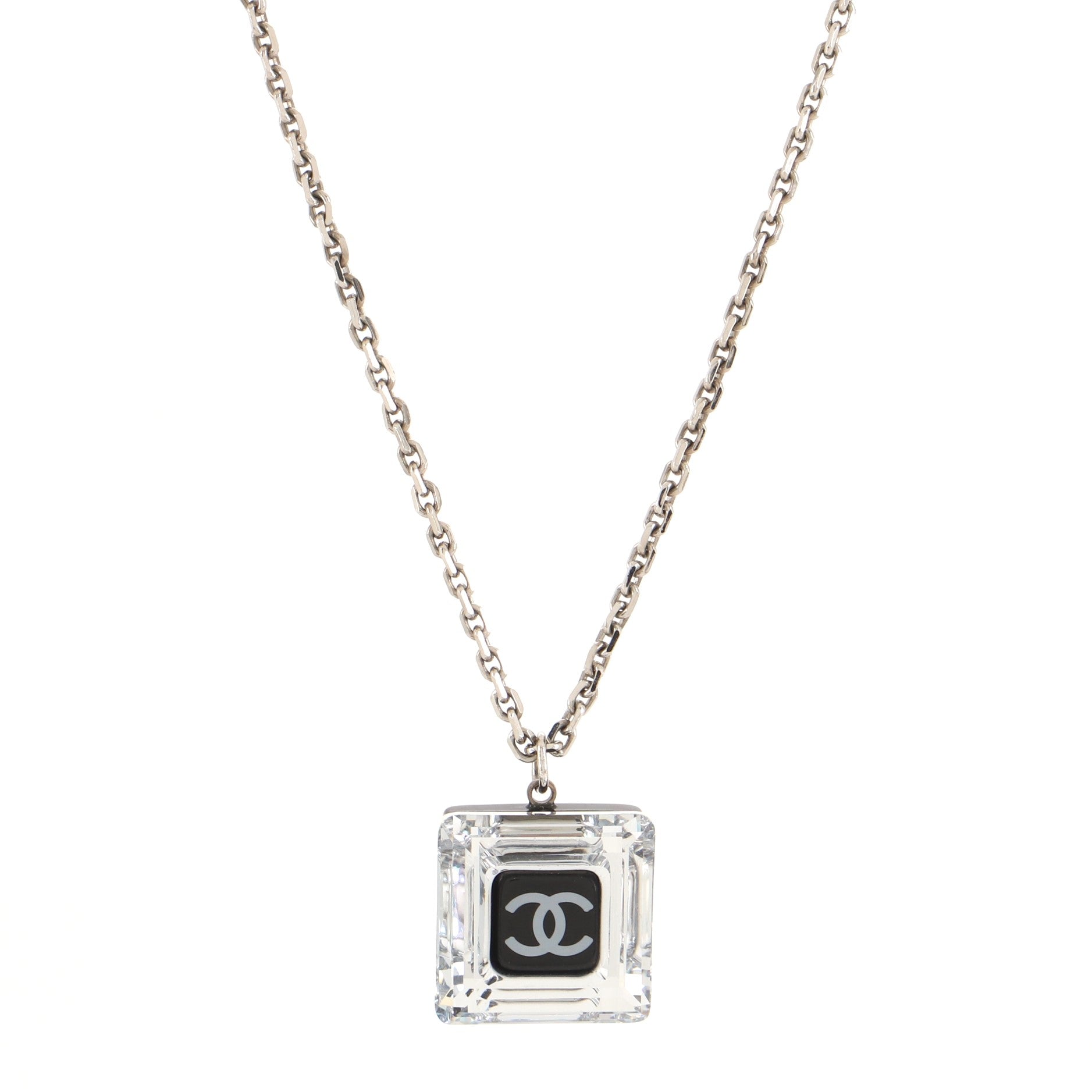 CC Logo Square Pendant Necklace Metal and Lucite