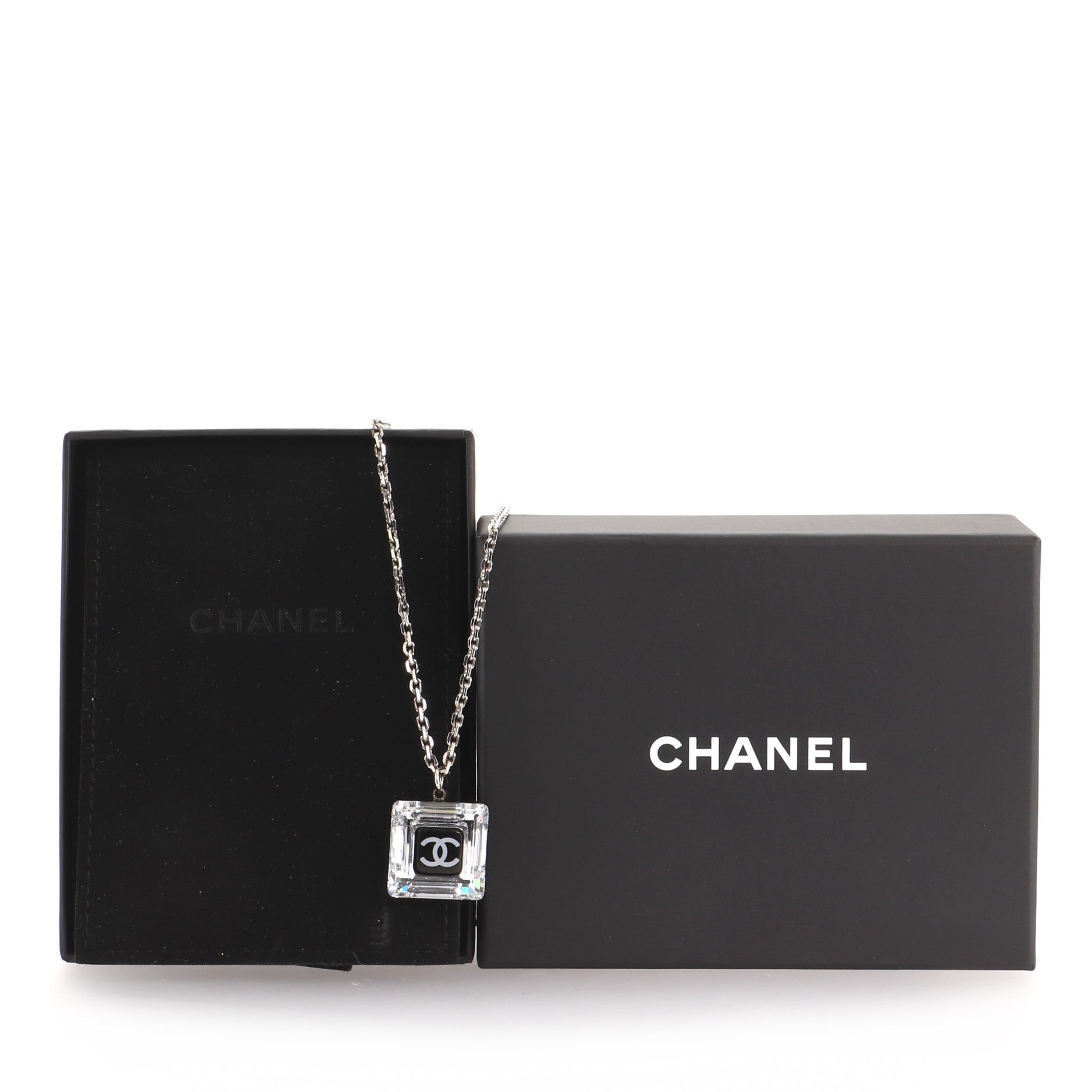 CC Logo Square Pendant Necklace Metal and Lucite