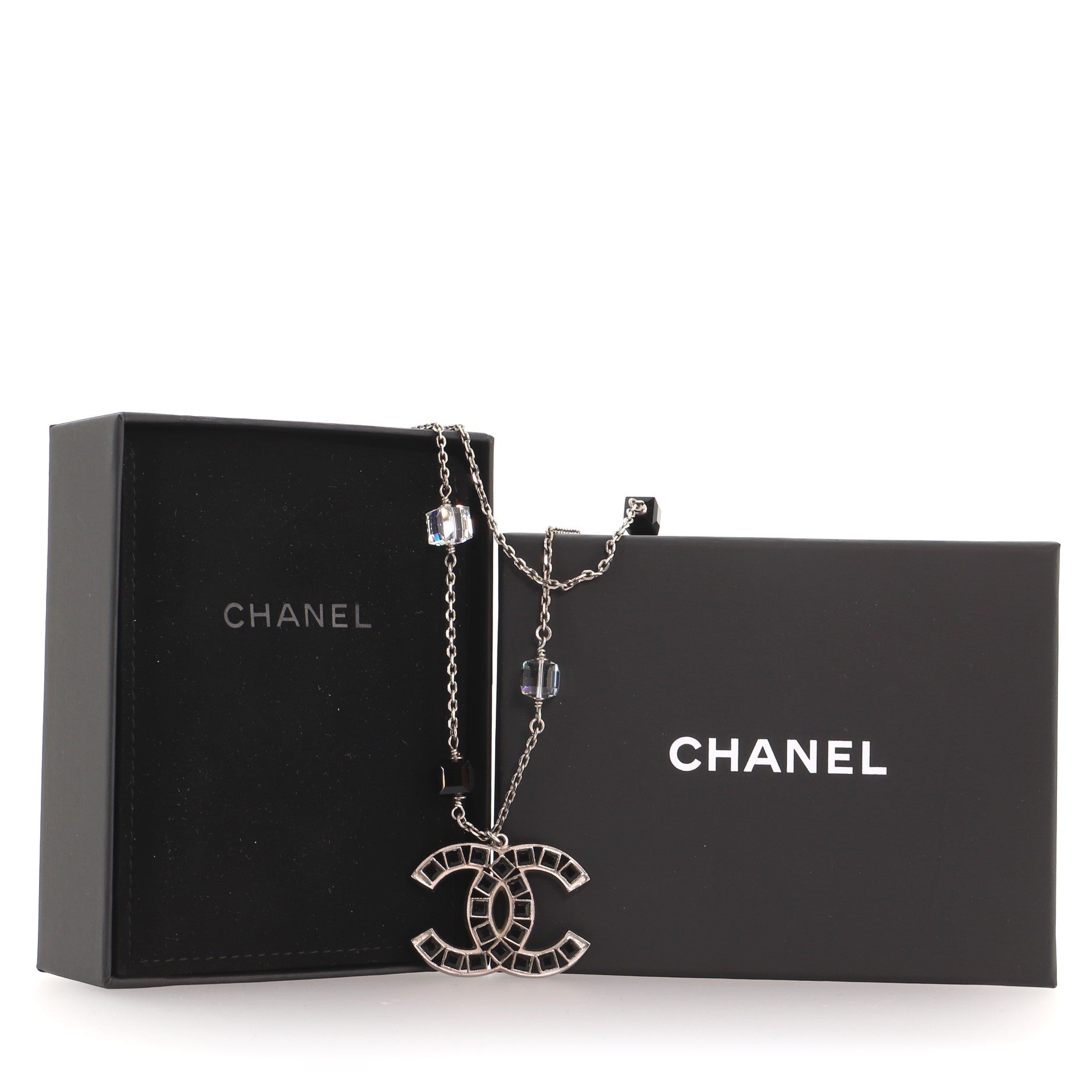 CC Cube Double Strand Pendant Necklace Metal with Enamel and Glass