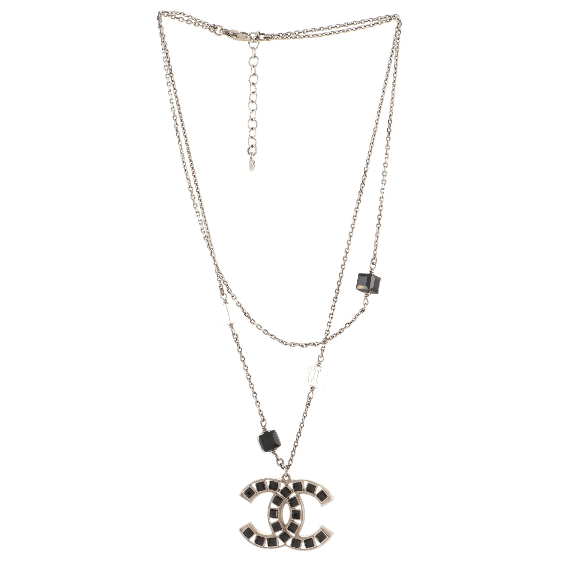 CC Cube Double Strand Pendant Necklace Metal with Enamel and Glass