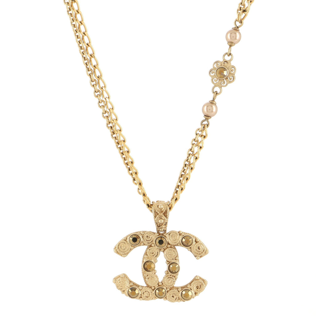 CC Cube Double Strand Pendant Necklace Metal with Faux Pearls and Crystals
