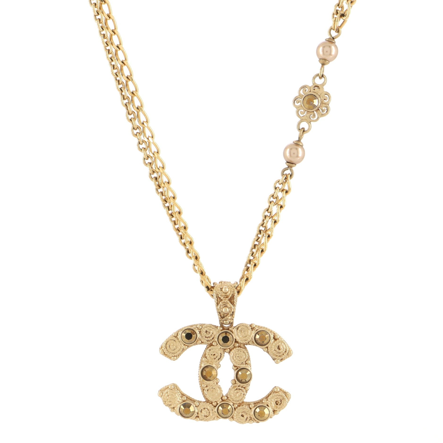 CC Cube Double Strand Pendant Necklace Metal with Faux Pearls and Crystals