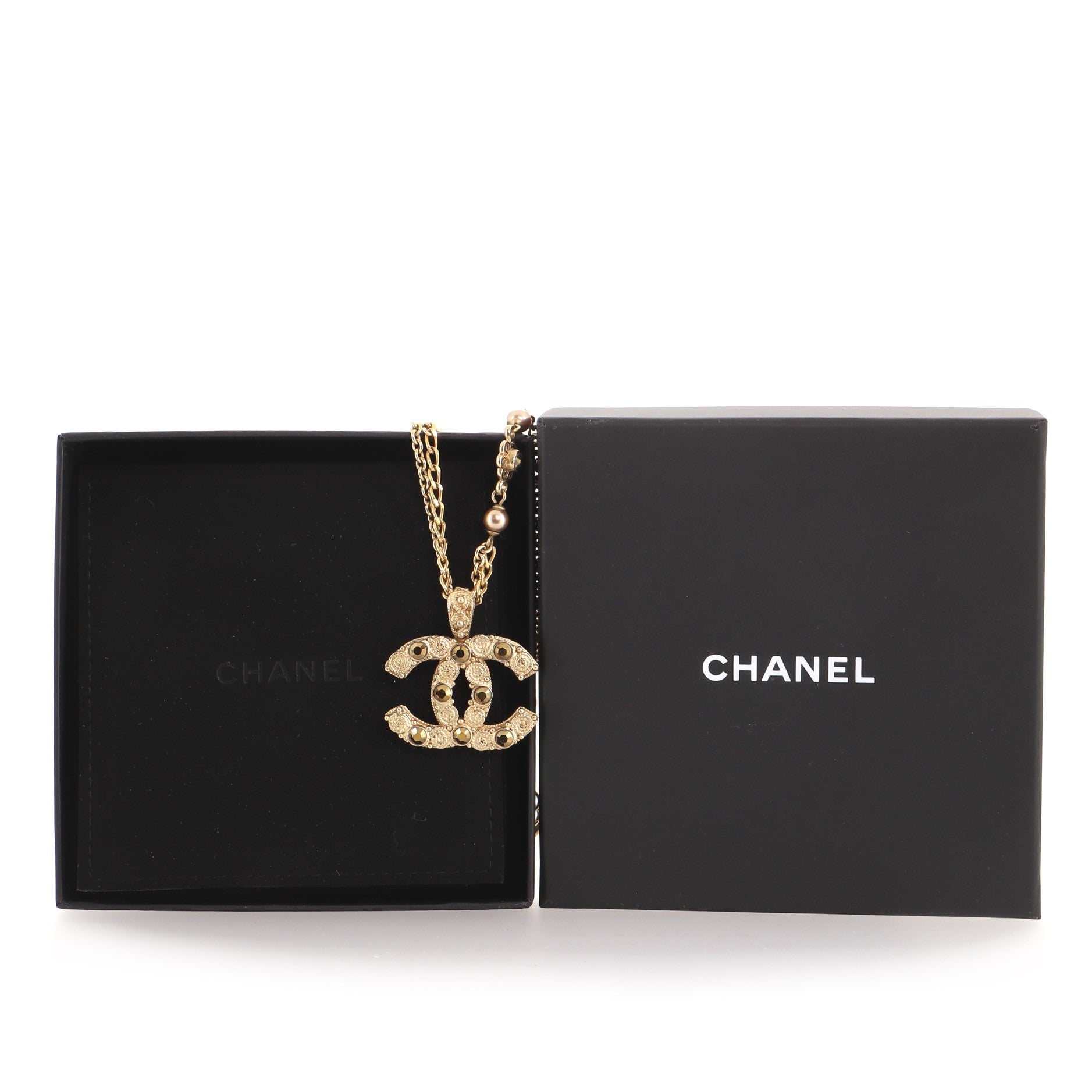 CC Cube Double Strand Pendant Necklace Metal with Faux Pearls and Crystals