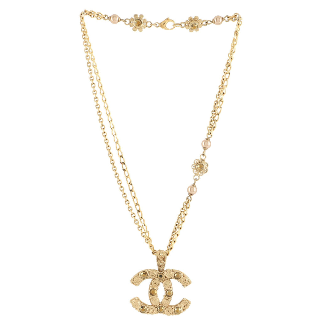 CC Cube Double Strand Pendant Necklace Metal with Faux Pearls and Crystals