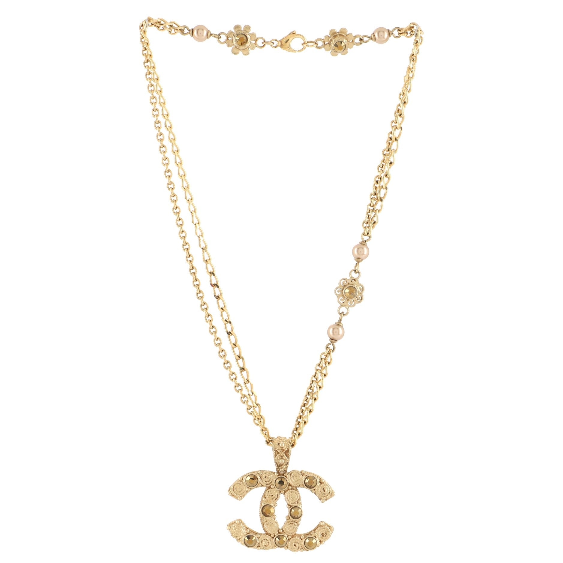CC Cube Double Strand Pendant Necklace Metal with Faux Pearls and Crystals