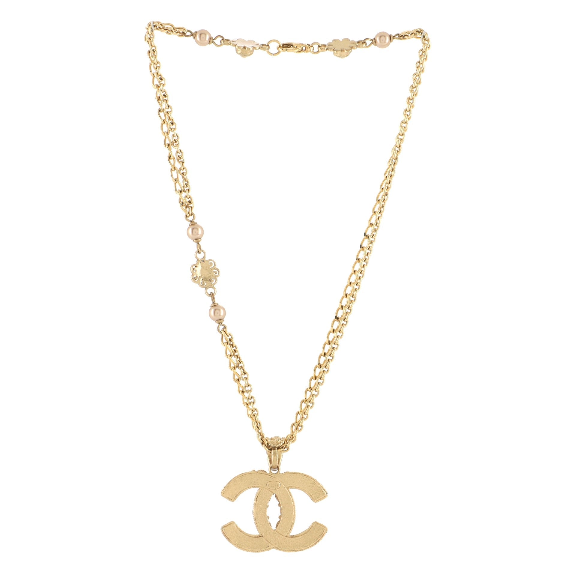 CC Cube Double Strand Pendant Necklace Metal with Faux Pearls and Crystals