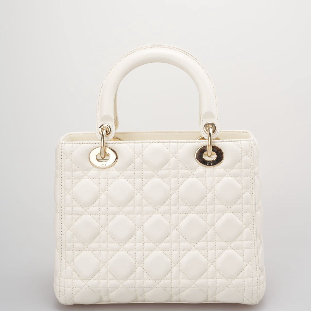 Christian Dior White Medium Lady Dior Bag in Cannage Lambskin Leather with Gold Hardware
