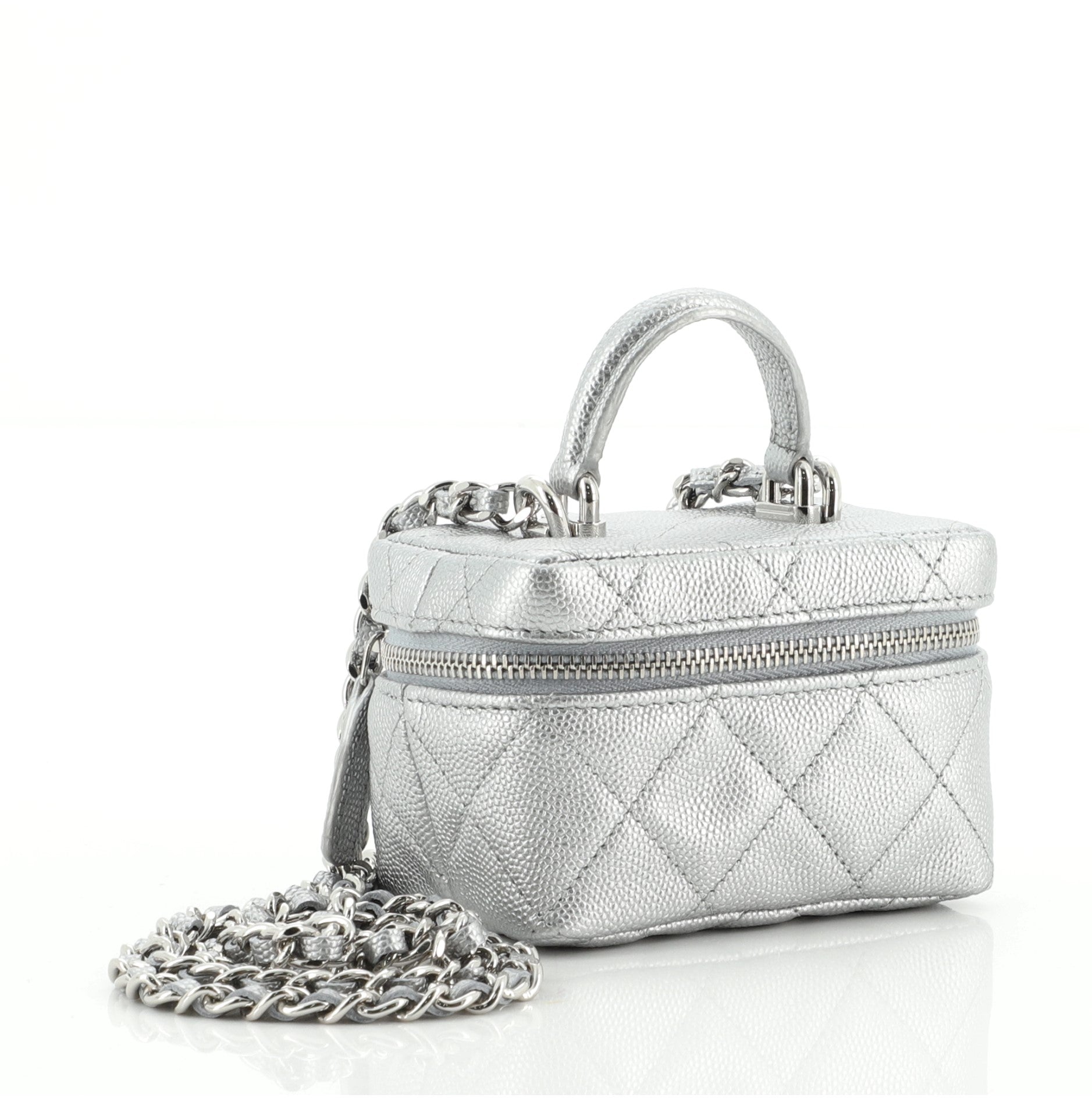 Top Handle Zip Around Vanity Case with Chain Quilted Caviar Mini