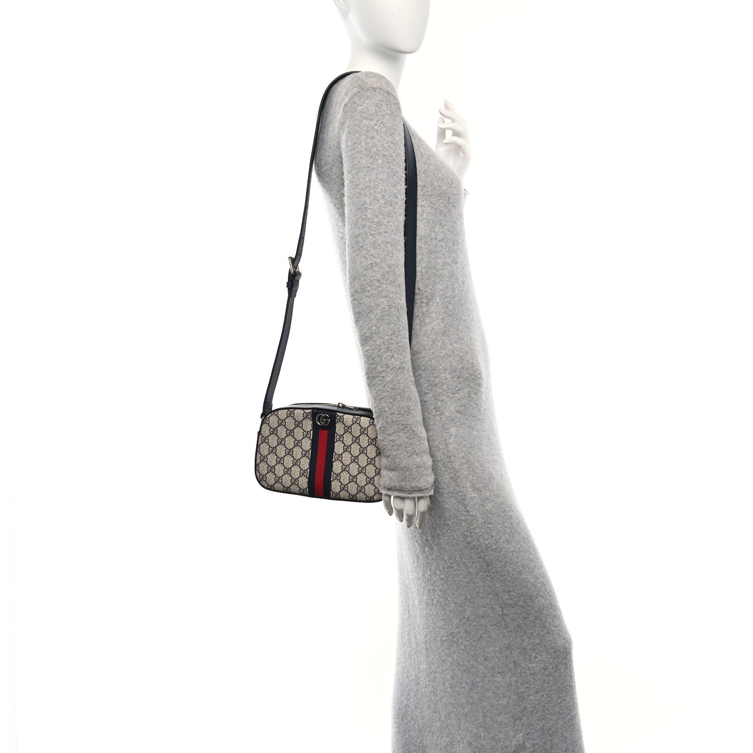 GG Supreme Monogram Textured Dollar Calfskin Web Small Ophidia Camera Bag Beige Blue