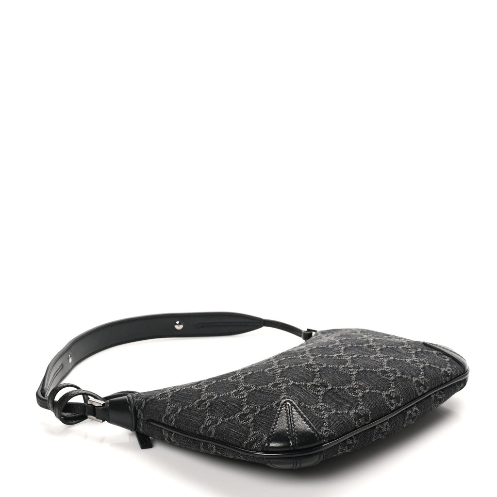 Jacquard Black Denim GG Monogram Horsebit Slim Small Shoulder Bag Black Grey