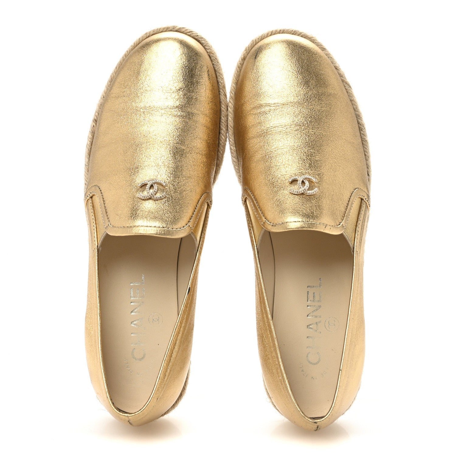 Metallic Lambskin CC Mocassin Loafers 37.5  Gold