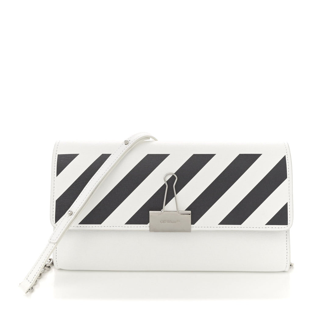 Saffiano Striped Diag Binder Clip Flap Wallet On Chain White Black