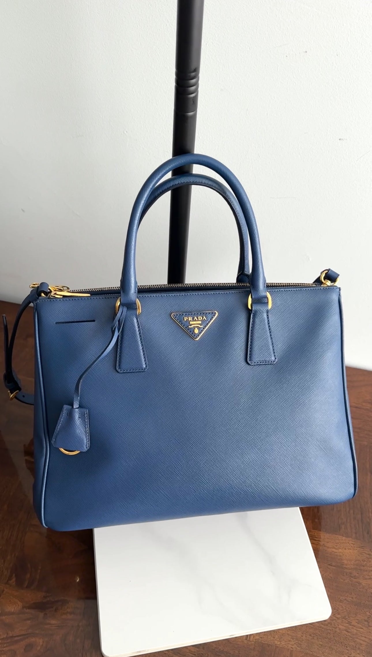 Prada Dark Blue Saffiano Leather Galleria Medium Double Zip Bag