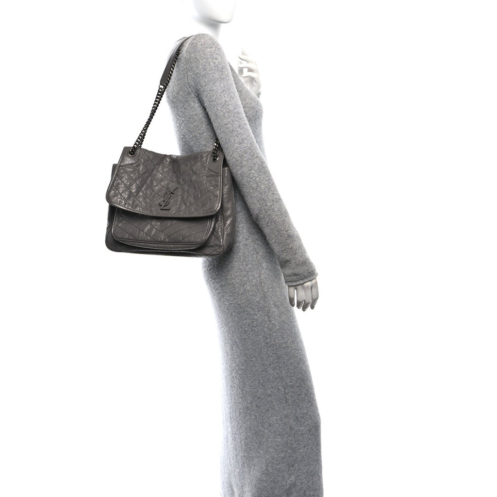 Crinkled Calfskin Matelasse Monogram Large Niki Chain Satchel Storm