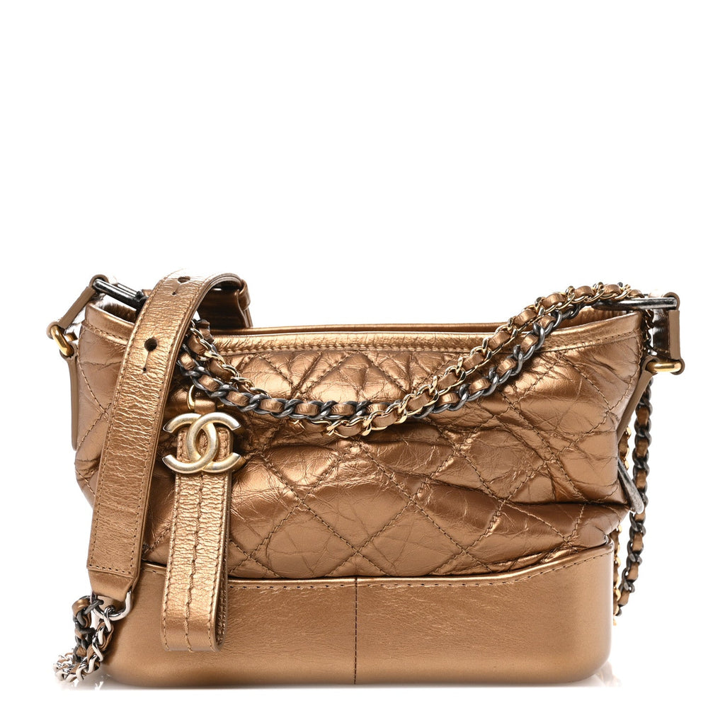 Metallic Aged Calfskin Quilted Small Gabrielle Hobo Bronze