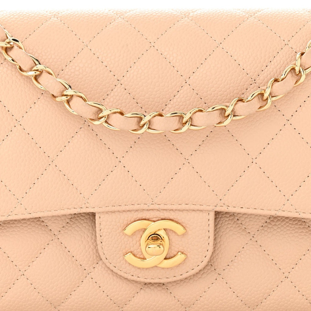 Caviar Quilted Medium Double Flap Beige