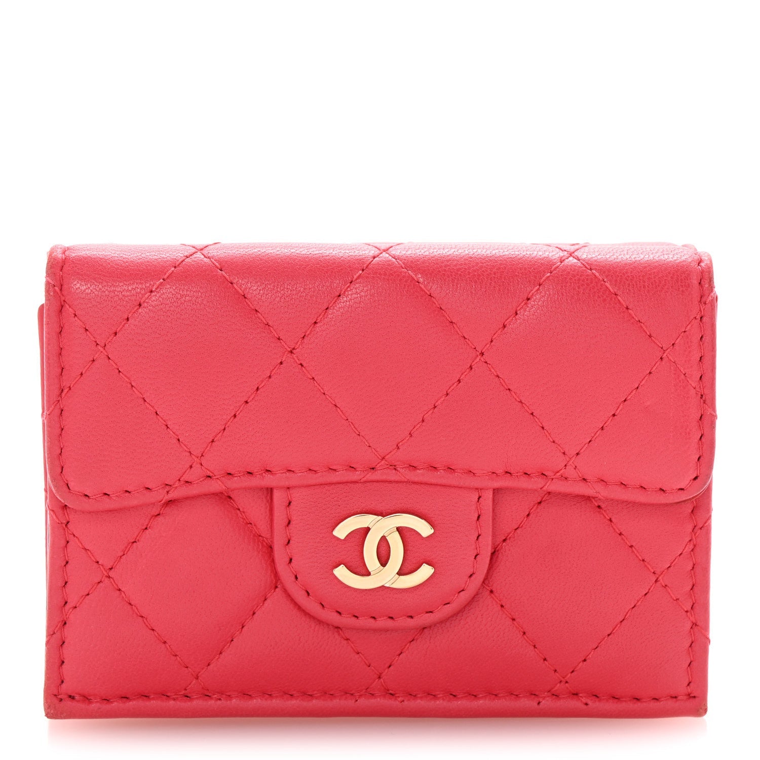 Lambskin Quilted Double Flap Wallet  Dark Pink