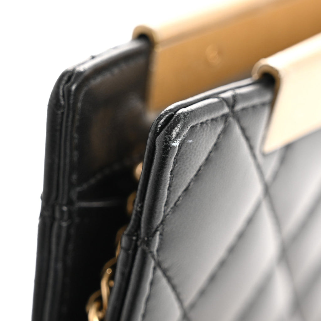 Lambskin Metallic Calfskin Crocodile Embossed Clutch Black Gold