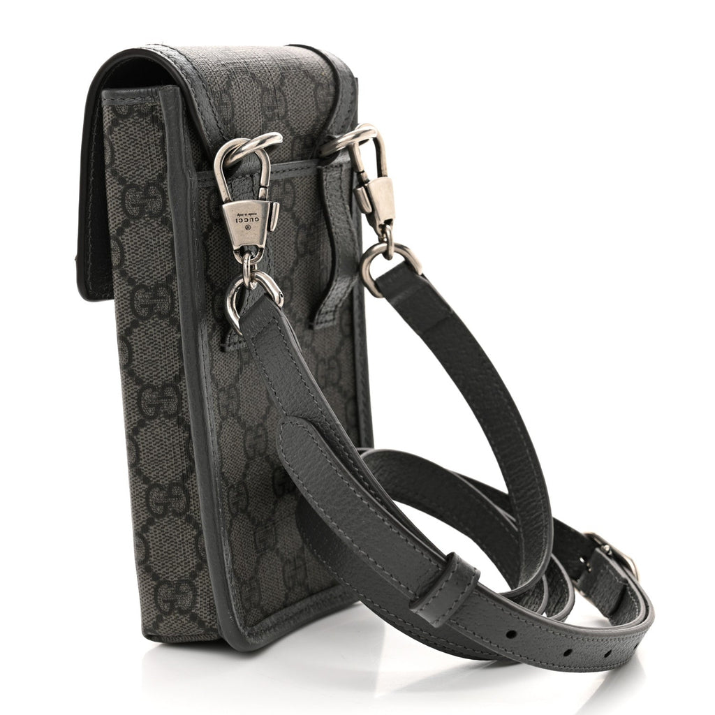 GG Supreme Monogram Textured Dollar Calfskin Phone Crossbody Bag Grey Black Graphite Grey