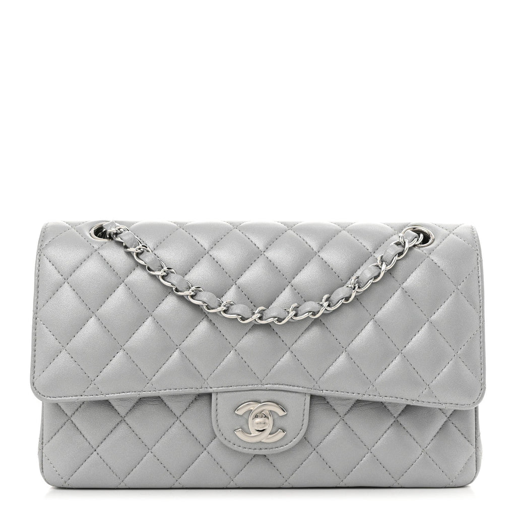 Iridescent Lambskin Quilted Medium Double Flap Grey