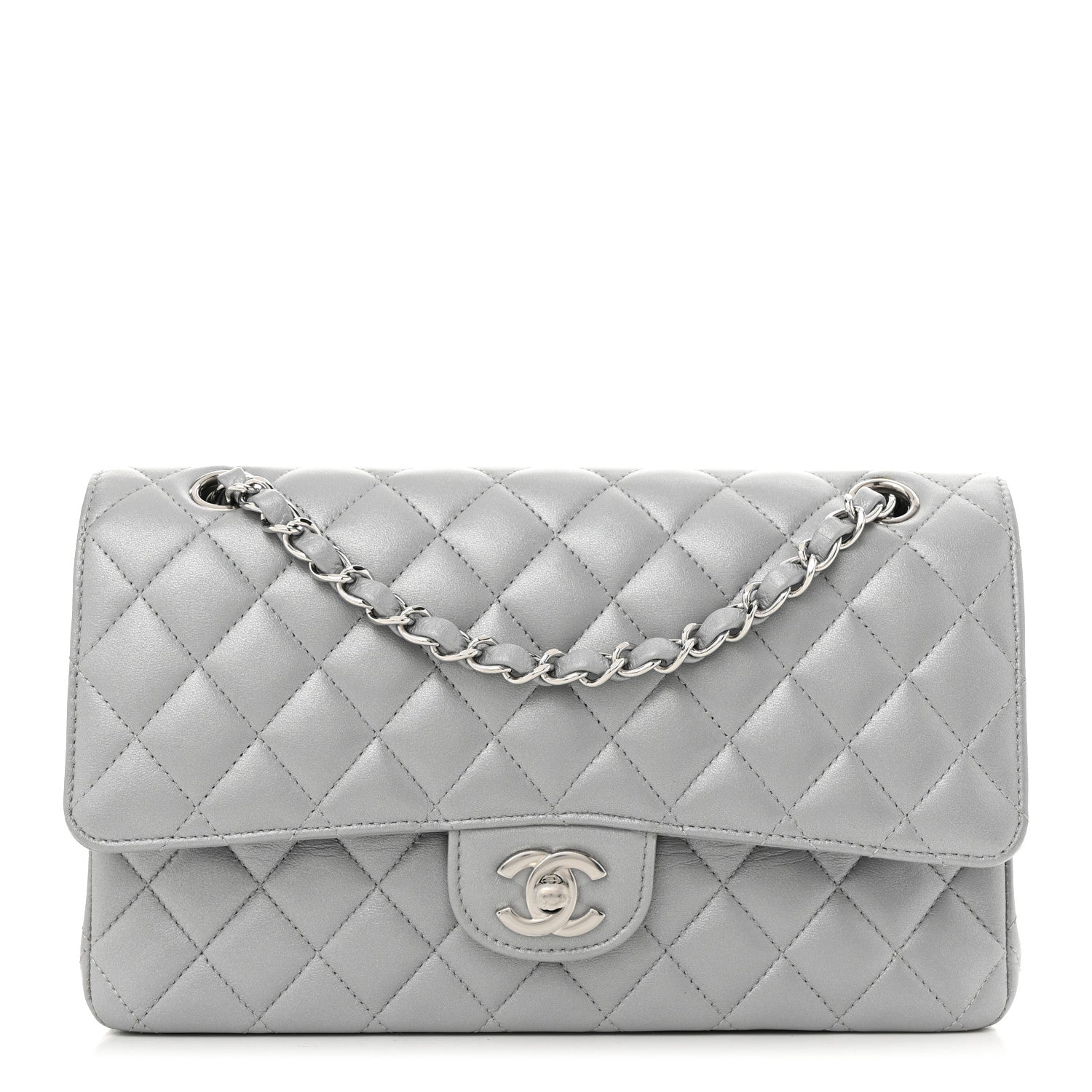 Iridescent Lambskin Quilted Medium Double Flap Grey