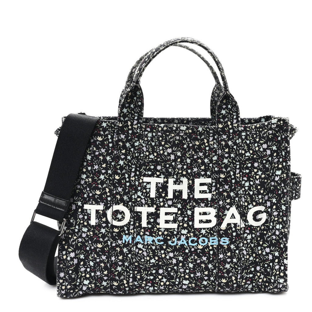 Cotton Canvas Floral Print Medium The Traveler Tote Bag Black