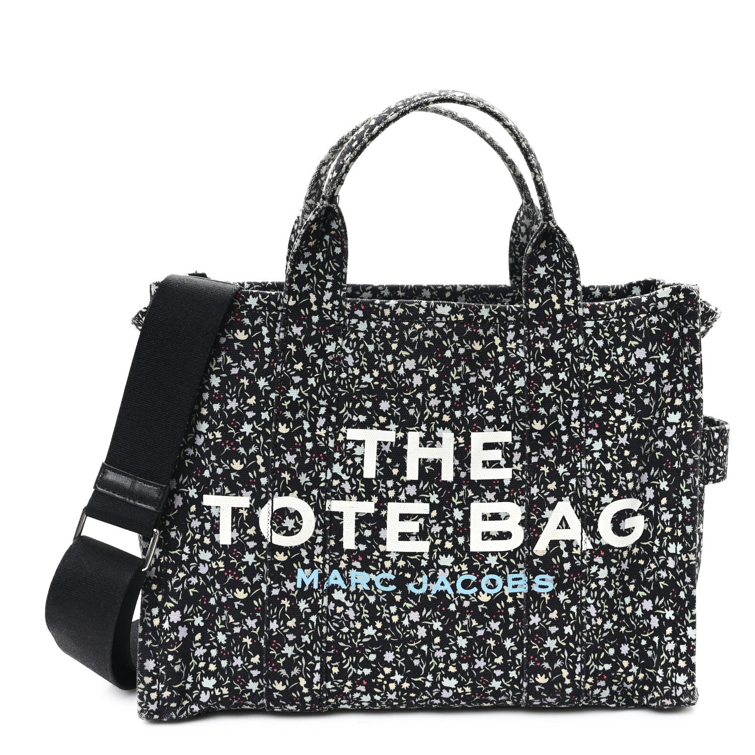 Cotton Canvas Floral Print Medium The Traveler Tote Bag Black