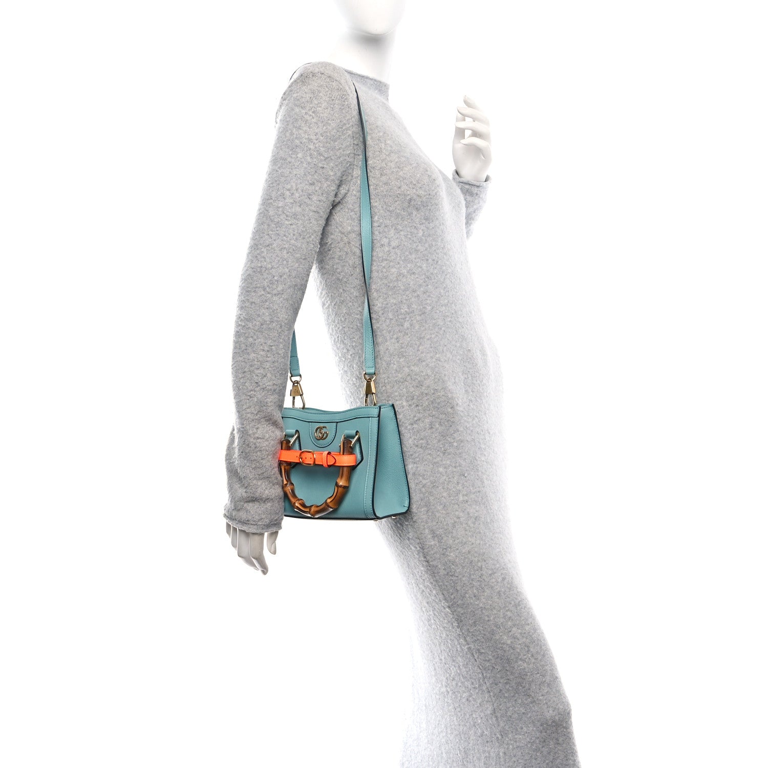 Textured Dollar Calfskin Web Mini Diana Tote Bag Dusty Azure Deep Orange